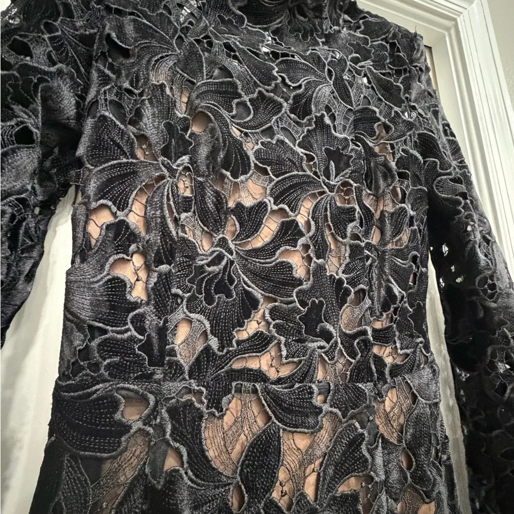 NADINE MERABI Black Floral Lace Long-Sleeve Midi Dress